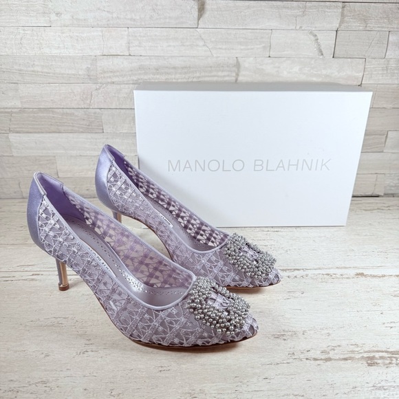 Manolo Blahnik Hangisi Size 38 Lace 70MM Pumps Heels Lilac Periwinkle $1245 New - Picture 1 of 15